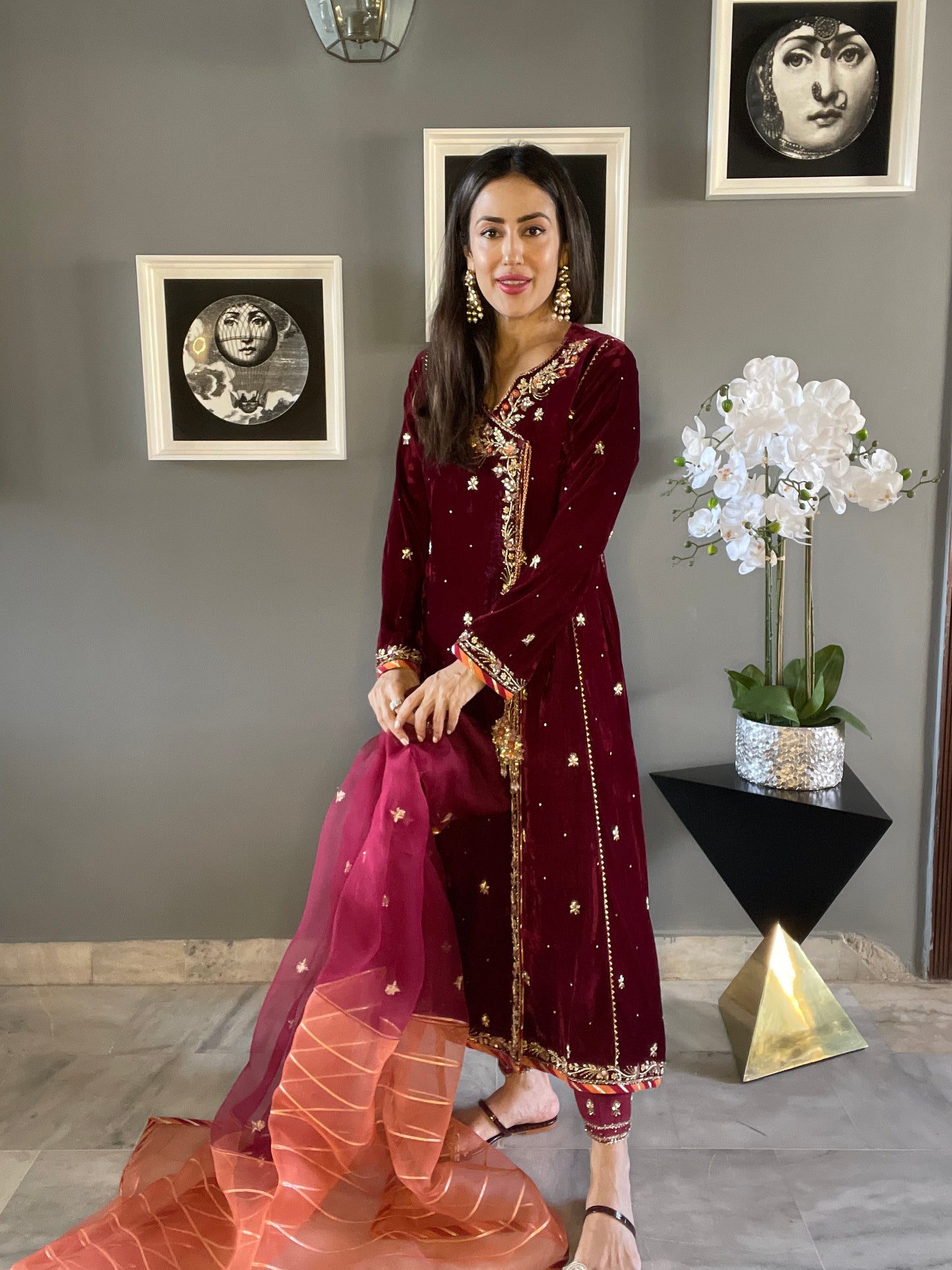 GARNET SHIRT WITH PANTS & DUPATTA AA 00057